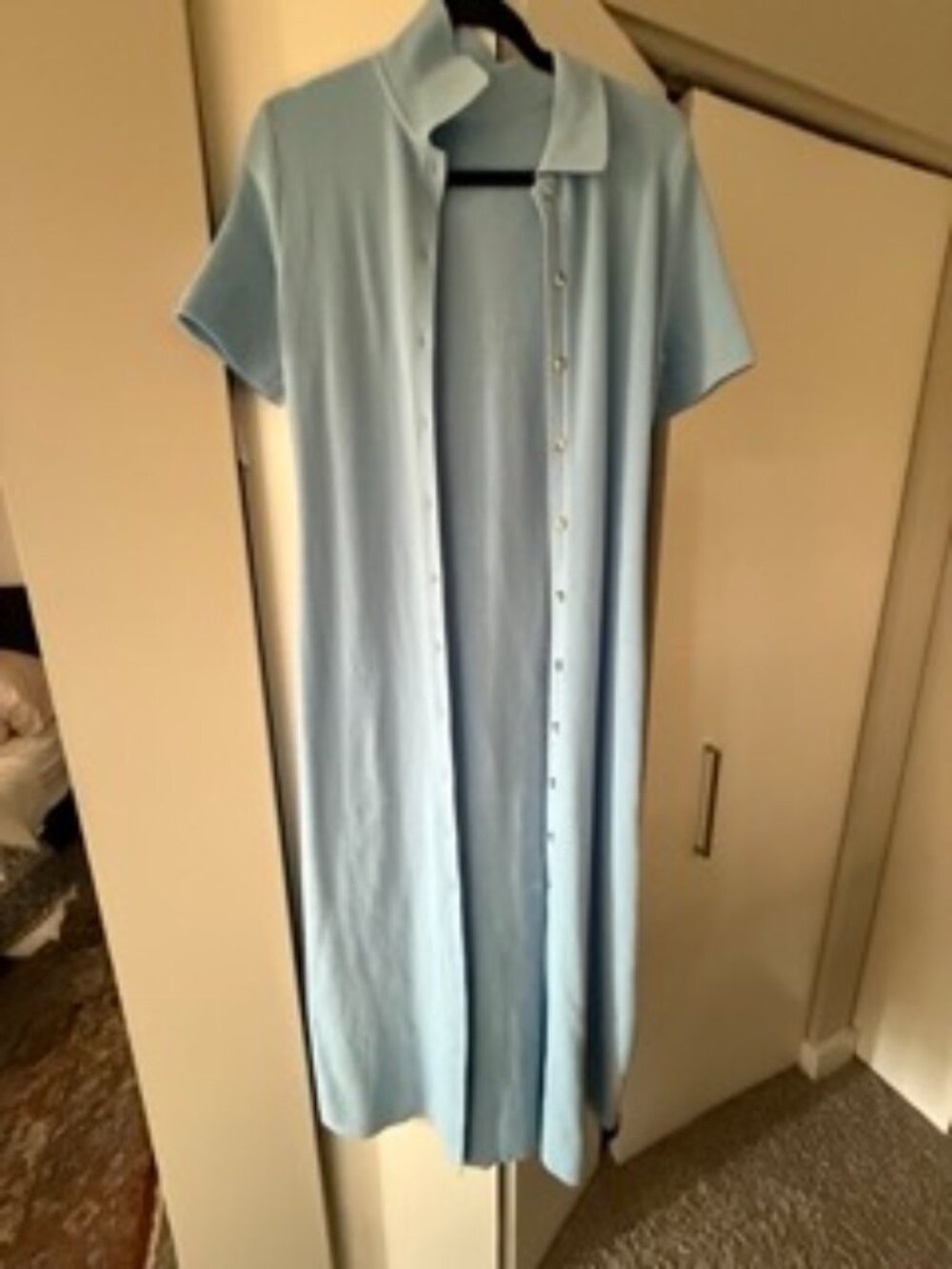 Light Blue Ribbed Knit Collared Button-Front Midi Dress